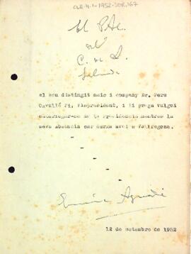 Carta d'Enric Aguadé a Pere Cavallé Pi