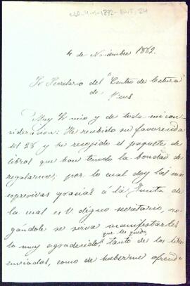 Carta d'agraïment de Manuel de Mata al secretari del Centre de Lectura, pel paquet de llibres rebut