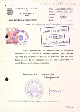 Carta del governador civil al president del Centre de Lectura