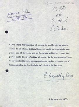 Carta del president a César Martinell comunicant l'enviament dels exemplars de la Revista del Centre de Lectura
