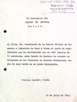 Carta del president a la Cambra de Comerç de Reus
