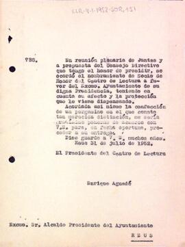 Carta d'Enric Aguadé Parés a l'Ajuntament de Reus