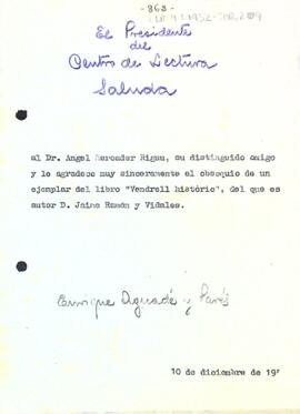 Carta d'agraïment a Àngel Mercader Rigau