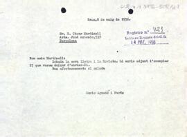 Carta del president a César Martinell comunicant l'enviament de la Revista del Centre de Lectura
