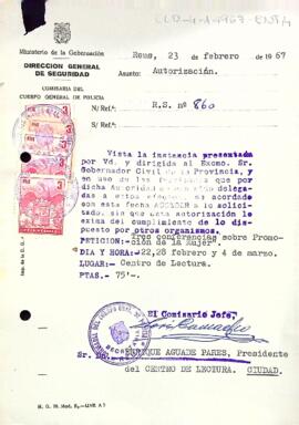 Carta de la comissaria del cos general de policia al president del Centre de Lectura
