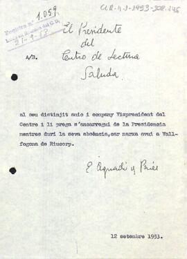 Carta del president a Pere Cavallé i Pi