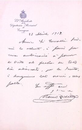 Carta de Ramon Vidiella a Pere Cavallé sobre una autorització firmada