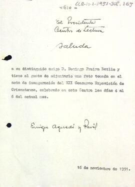 Carta del president a Domingo Freixa Batlle fent entrega d'una foto de la inauguració del XII Concurs-Exposició de Crisantems