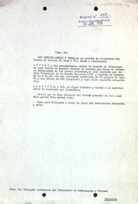 Instancia d'Enric Aguadé al delegat provincial del ministeri d'Informació i turisme