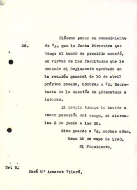 Carta de la Junta Directiva a Josep M. Arnavat Vilaró