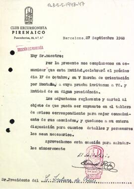 Carta del Club Excursionista Pirenaic a la Secció Excursionista