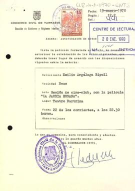 Carta de la delegació provincial al president autoritzant la sessió del Cineclub