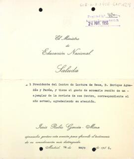 Carta del ministre d'Educació Nacional al president del Centre de Lectura