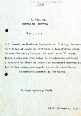 Carta d'Enric Aguadé Parés a Marcelino Domènech Capdevila