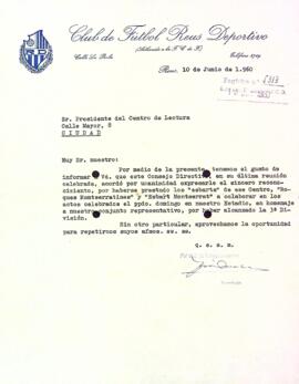 Carta del Club de Futbol del Reus Deportiu