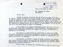 Carta de Josep Mercadé a M. Pearse amb referència al llibre sobre Reus