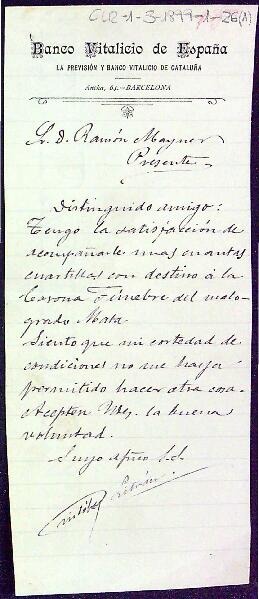 Carta de Cristobal Litrán a Ramon Mayner adjuntant el text d'homenatge per la corona fúnebre dedicada a Eugeni Mata