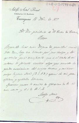 Carta d'Adolfo Artal Benet comunicant el seu delicat estat de salut el qual no sap si li permetrà col·laborà en la corona fúnebre d'Eugeni Mata.