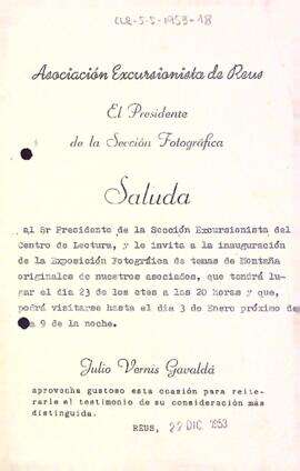 Carta de l'Associació Excursionista de Reus a la Secció Excursionista