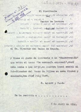 Invitació del president a la conferència "De economía comarcal" de José Puig Tost