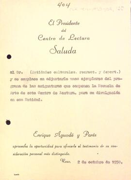 Enviament del pla d'ensenyament del curs 1950/51 a les entitats culturals, recreatives i esportives