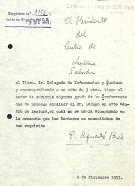 Carta del president al delegat d'informació i turisme de Tarragona