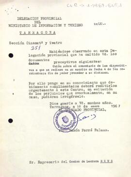 Carta del delegat provincial d'informació i turisme de Tarragona al president del Centre de Lectura