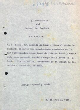 Carta del president informant l'alcalde de Reus de les conclusions aprovades durant la catorzena sessió de converses sobre temes d'interès local i comarcal