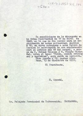 Carta del president al delegat provincial d'informació i turisme de Tarragona