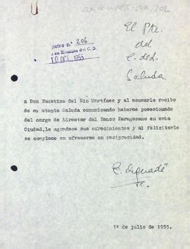 Felicitació pel càrrec de director del Banco de Zaragoza de Reus