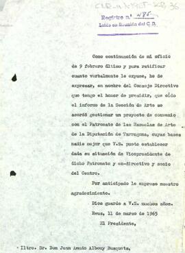 Carta del president a l'alcalde de Reus