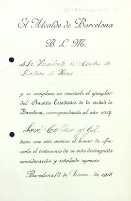 L'alcalde de Barcelona envia l'Anuario Estadístico de la ciudad de Barcelona del 1913