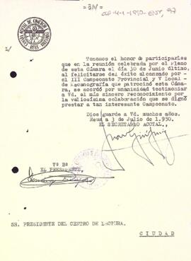 Agraïment formal per la col·laboració del Centre de Lectura amb el concurs de mecanografia