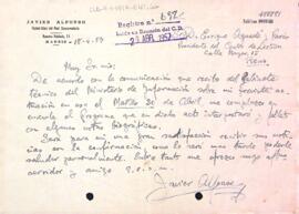 Carta de Javier Alfonso al Centre de Lectura