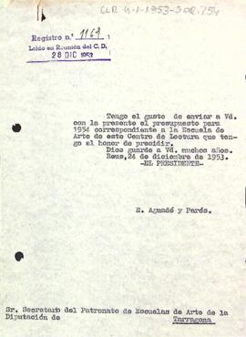 Carta del president al secretari del Patronat d'Escoles d'Art de la Diputació de Tarragona