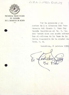 Carta de la Provincia Franciscana de Cataluña de S. Salvador de Horta nomenant a Juan Gay Borràs com a representant per a cobrar els lloguers del carrer Concepció