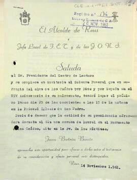 Invitació de l'alcalde de Reus al president del Centre de Lectura