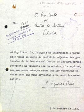 Carta del president al delegat provincial d'informació i turisme de Tarragona