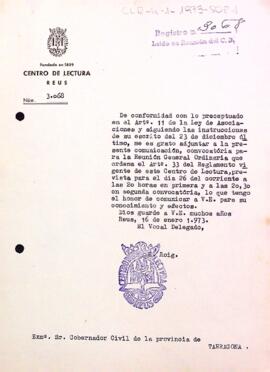 Carta del secretari del Centre al governador civil sol·licitant l'autorització de la reunió general ordinària