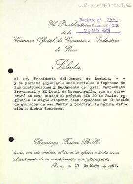 Carta de la Cambra Oficial de Comerç de Reus al president del Centre de Lectura