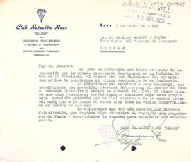 Carta del Club Natació Reus Ploms al president del Centre de Lectura de Reus