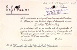 Invitació de l'Orfeó Reusenc al president del Centre de Lectura