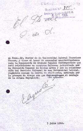 Invitació del president al rector de la Universitat Laboral Francisco Franco
