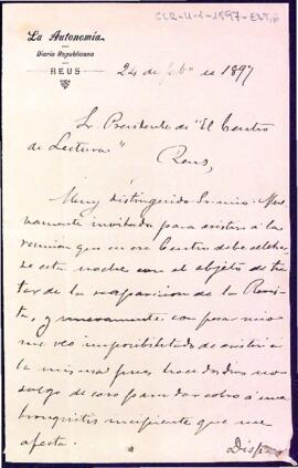 Carta de Cristobal Litrán al president del Centre de Lectura argumentant de nou la seva absència a la reunió per la reobertura de la Revista de l'entitat.