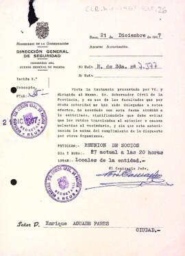 Carta de la comissaria del cos general de policia al president del Centre de Lectura