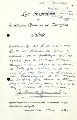 Carta de l'inspectora d'ensenyament primari de Tarragona al president del Centre de Lectura