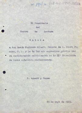 Carta d'agraïment del president a Ramon Cuadrada Gibert per la seva col·laboració en el II Concurs-Exposició de Roses