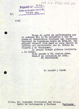 Carta del president al delegat provincial del ministeri d'Informació i Turisme