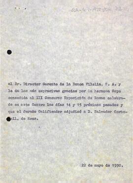 Agraïment per la concessió d'una copa per al III Concurs-Exposició de Roses