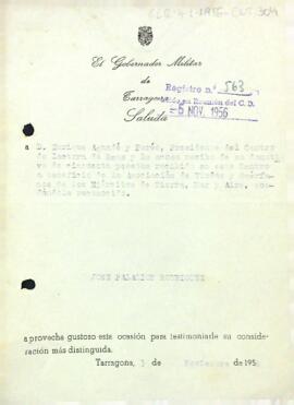 Carta del governador militar de Tarragona al president del Centre de Lectura